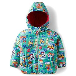 Babyhug Woven Full Sleeves Hooded Padded Reversible Jacket with Animal Print - Sea Green