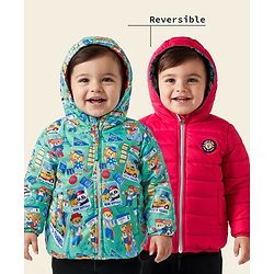 Babyhug Woven Full Sleeves Hooded Padded Reversible Jacket with Animal Print - Sea Green