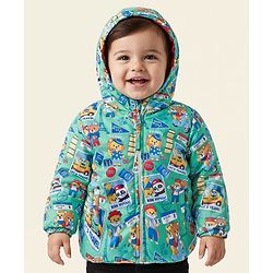 Babyhug Woven Full Sleeves Hooded Padded Reversible Jacket with Animal Print - Sea Green
