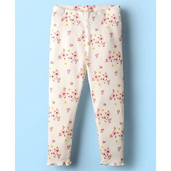 Babyhug Rib Cotton Knit Full Length Leggings With Stretch & Floral Print - White