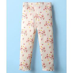 Babyhug Rib Cotton Knit Full Length Leggings With Stretch & Floral Print - White