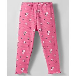 Babyhug Rib Cotton Knit Full Length Leggings With Stretch & Floral Print - Pink