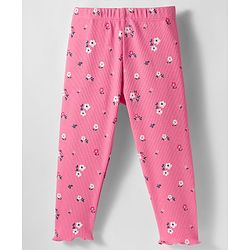 Babyhug Rib Cotton Knit Full Length Leggings With Stretch & Floral Print - Pink
