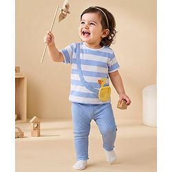 Babyhug Terry Knit Half Sleeves Top & Joggers Set with Pouch Applique & Stripes - Lavender & White