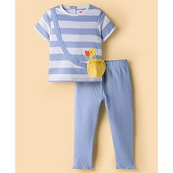 Babyhug Terry Knit Half Sleeves Top & Joggers Set with Pouch Applique & Stripes - Lavender & White