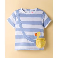 Babyhug Terry Knit Half Sleeves Top & Joggers Set with Pouch Applique & Stripes - Lavender & White