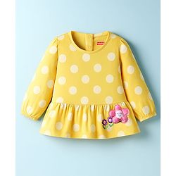 Babyhug Single Jersey Knit Full Sleeves Top and Leggings Set with Polka Dot & Floral Applique & Embroidery - Pink & Yellow