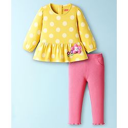 Babyhug Single Jersey Knit Full Sleeves Top and Leggings Set with Polka Dot & Floral Applique & Embroidery - Pink & Yellow