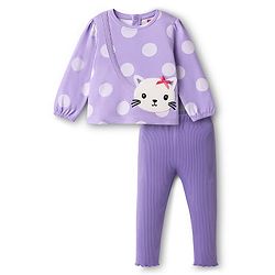 Babyhug Single Jersey Knit Full Sleeves Top and Leggings with Polka Dots & Cat Patch Print - Lavender