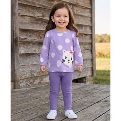 Babyhug Single Jersey Knit Full Sleeves Top and Leggings with Polka Dots & Cat Patch Print - Lavender