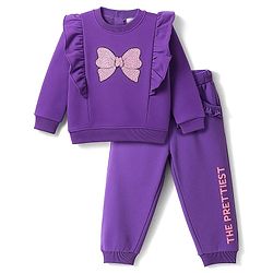 Babyhug Terry Knit Premium Light Gauge Terry Full Sleeves Top & Joggers Set With Bow Print - Purple