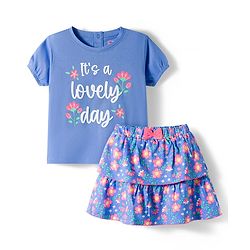 Babyhug Single Jersey Knit Half Sleeves Top and Skirt Set with Floral & Text Print - Blue