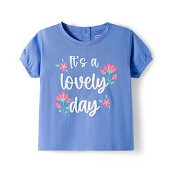 Babyhug Single Jersey Knit Half Sleeves Top and Skirt Set with Floral & Text Print - Blue