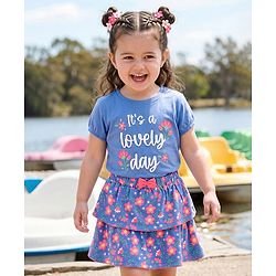Babyhug Single Jersey Knit Half Sleeves Top and Skirt Set with Floral & Text Print - Blue