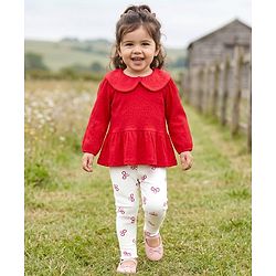 Babyhug 100% Cotton Single Jersey Knit Full Sleeves Top and Pant Set With Bow Print - Red & White