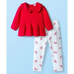 Babyhug 100% Cotton Single Jersey Knit Full Sleeves Top and Pant Set With Bow Print - Red & White