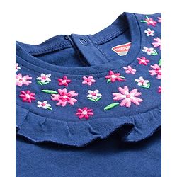 Babyhug Single Jersey Knit Top and Leggings Set With Floral Embroidery & Frill Detailing - Navy Blue & Pink
