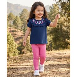 Babyhug Single Jersey Knit Top and Leggings Set With Floral Embroidery & Frill Detailing - Navy Blue & Pink