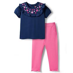 Babyhug Single Jersey Knit Top and Leggings Set With Floral Embroidery & Frill Detailing - Navy Blue & Pink