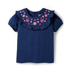 Babyhug Single Jersey Knit Top and Leggings Set With Floral Embroidery & Frill Detailing - Navy Blue & Pink