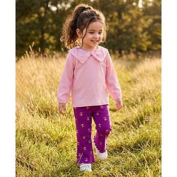 Babyhug Crinkle Knit Full Sleeves Top & Pant with Heart Print - Pink & Purple
