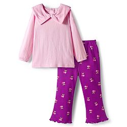 Babyhug Crinkle Knit Full Sleeves Top & Pant with Heart Print - Pink & Purple
