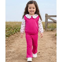 Babyhug 100% Cotton Single Jersey Knit Full Sleeves Top & Pant Set With Floral Print - Pink