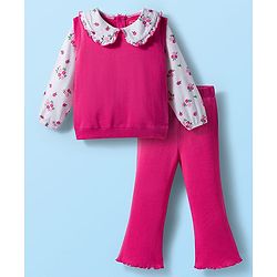 Babyhug 100% Cotton Single Jersey Knit Full Sleeves Top & Pant Set With Floral Print - Pink