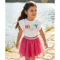 Babyhug Single Jersey Knit Frill Sleeves Top & mesh Skirt Set With Text Print - White & Pink