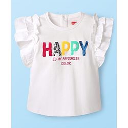 Babyhug Single Jersey Knit Frill Sleeves Top & mesh Skirt Set With Text Print - White & Pink