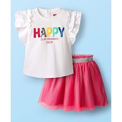 Babyhug Single Jersey Knit Frill Sleeves Top & mesh Skirt Set With Text Print - White & Pink