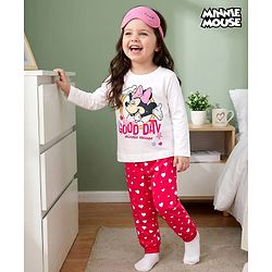 Babyhug Disney Single Jersey Knit Full Sleeves Night Suit With Minnie Mouse Graphics - White & Red