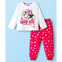 Babyhug Disney Single Jersey Knit Full Sleeves Night Suit With Minnie Mouse Graphics - White & Red