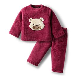 Babyhug Velour Knit Full Sleeves Winter wear Night Suit With Bear Patch - Wine