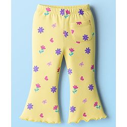 Babyhug Cotton Lycra Knit Full Length Leggings With Floral Print & Stretch - Yellow
