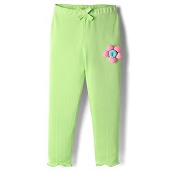 Babyhug Rib Cotton Knit Full Length Leggings With Stretch & Floral Applique - Green