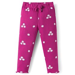 Babyhug Cotton Lycra Rib Knit Full Length Leggings With Stretch & Floral & Bow Applique Pack of 2 - Pink & Dark Pink