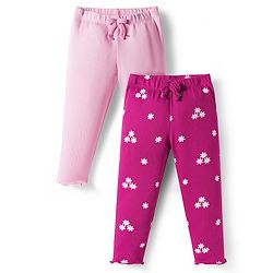 Babyhug Cotton Lycra Rib Knit Full Length Leggings With Stretch & Floral & Bow Applique Pack of 2 - Pink & Dark Pink