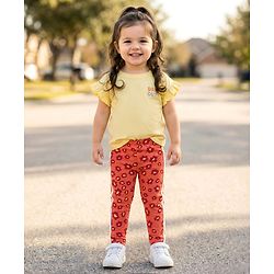 Babyhug Cotton Lycra Knit Full Length Leggings With Stretch & Floral Print - Rust Orange