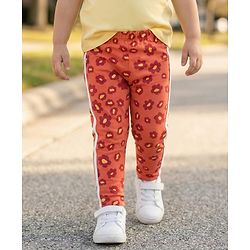 Babyhug Cotton Lycra Knit Full Length Leggings With Stretch & Floral Print - Rust Orange