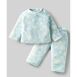 Babyhug Velour Knit Full Sleeves Co-ords Night Suit With Polka Dots - Light Blue