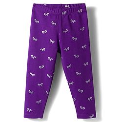 Babyhug Cotton Lycra Knit Full Length Leggings with Stretch & Bow Print - Purple