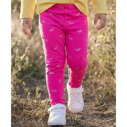 Babyhug Cotton Lycra Knit Full Length Leggings with Stretch & Bow Print - Pink