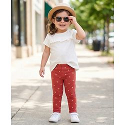 Babyhug Cotton Lycra Knit Full Length Leggings with Stretch & Stars Print - Rust Orange