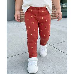 Babyhug Cotton Lycra Knit Full Length Leggings with Stretch & Stars Print - Rust Orange
