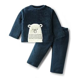 Babyhug Velour Knit Full Sleeves Winterwear Nightsuit with Bear Patch - Navy Blue