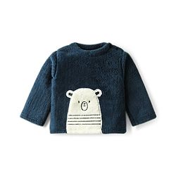 Babyhug Velour Knit Full Sleeves Winterwear Nightsuit with Bear Patch - Navy Blue