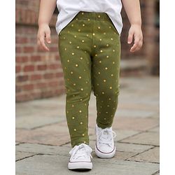 Babyhug Cotton Lycra Knit Full Length Leggings With Stretch & Polka Dots Print - Green
