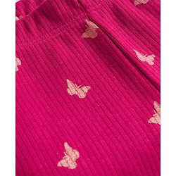 Babyhug Rib Cotton Lycra Knit Full Length Leggings With Stretch & Butterfly Print - Pink