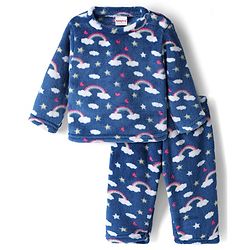 Babyhug Velour Knit Full Sleeves Co-ord Winterwear Night Suit with Rainbow Print - Blue